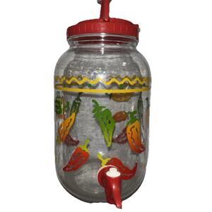 Vintage Sun Tea 1 Gallon Glass Jar Red Pepper W/Spigot and Spout & Handle in Lid